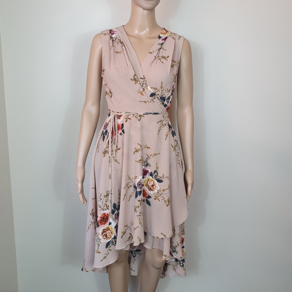 NWOT Floral wrap dress boho Sze 10-12 belted Hi-Low Beige summer dress - Picture 6 of 8